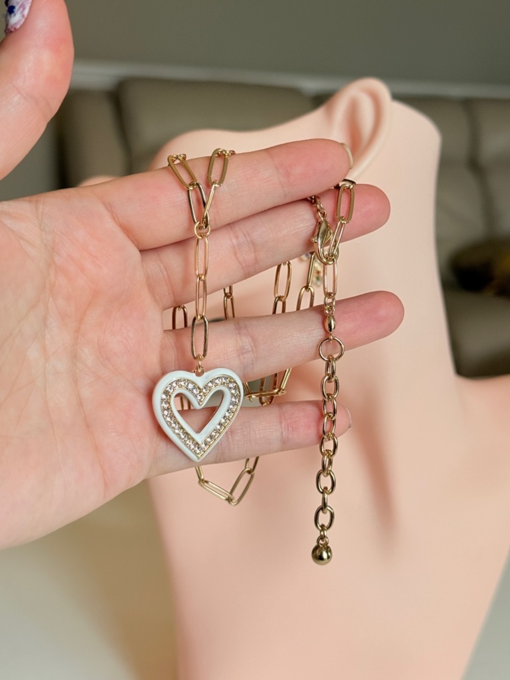 Gold-Tone Chain Necklace with White Heart Pendant - Picture 9 of 9
